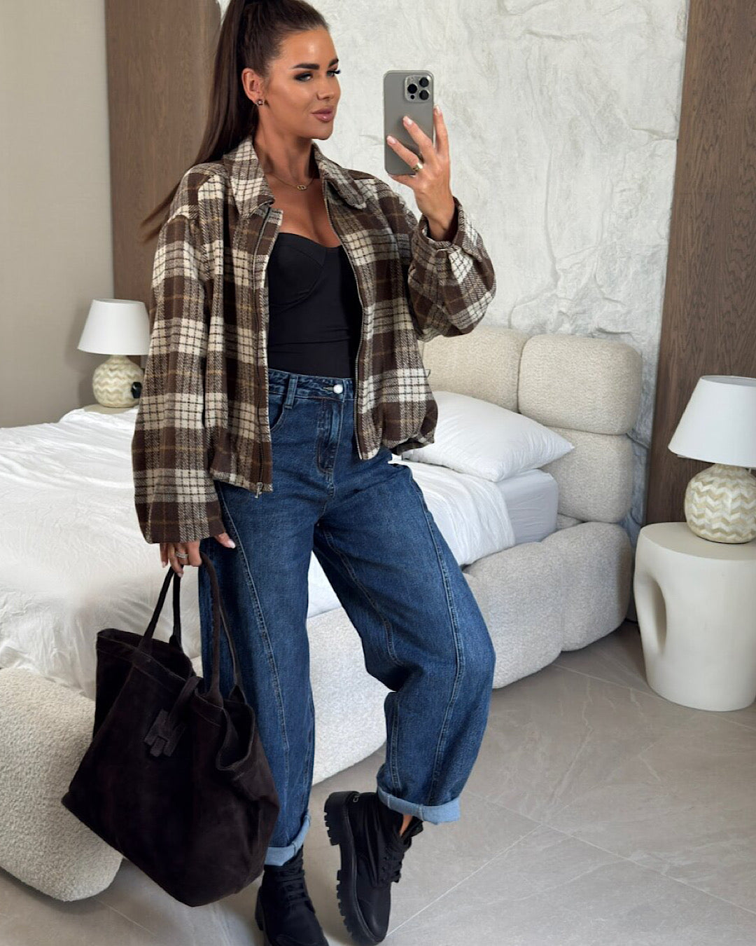 Brown Check Collared Bomber Jacket