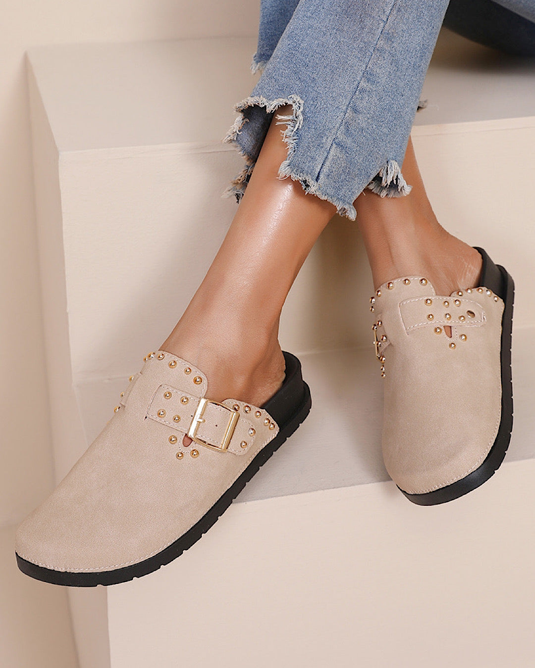 Beige Studded Faux Suede Clogs