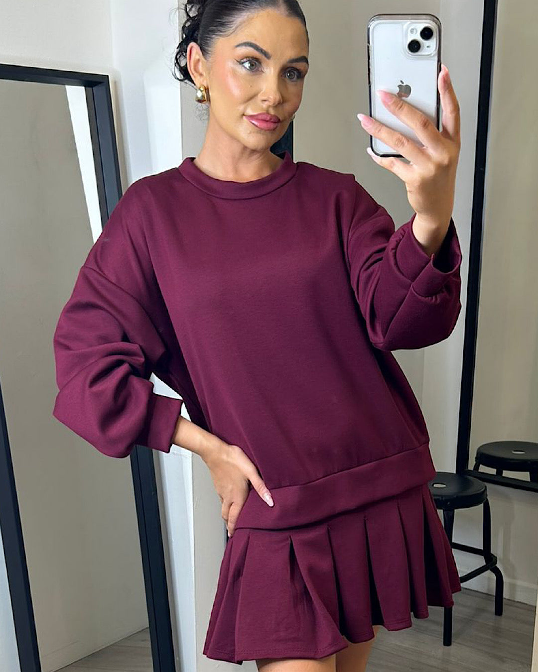 Burgundy Sweatshirt with Pleated Hem