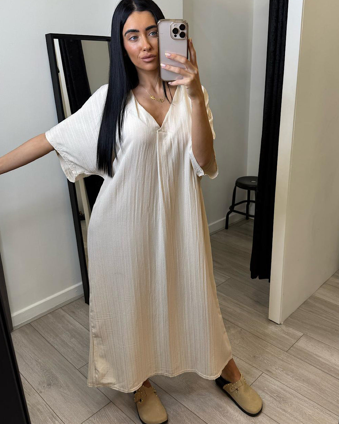 Beige Oversized V Neck Maxi Dress