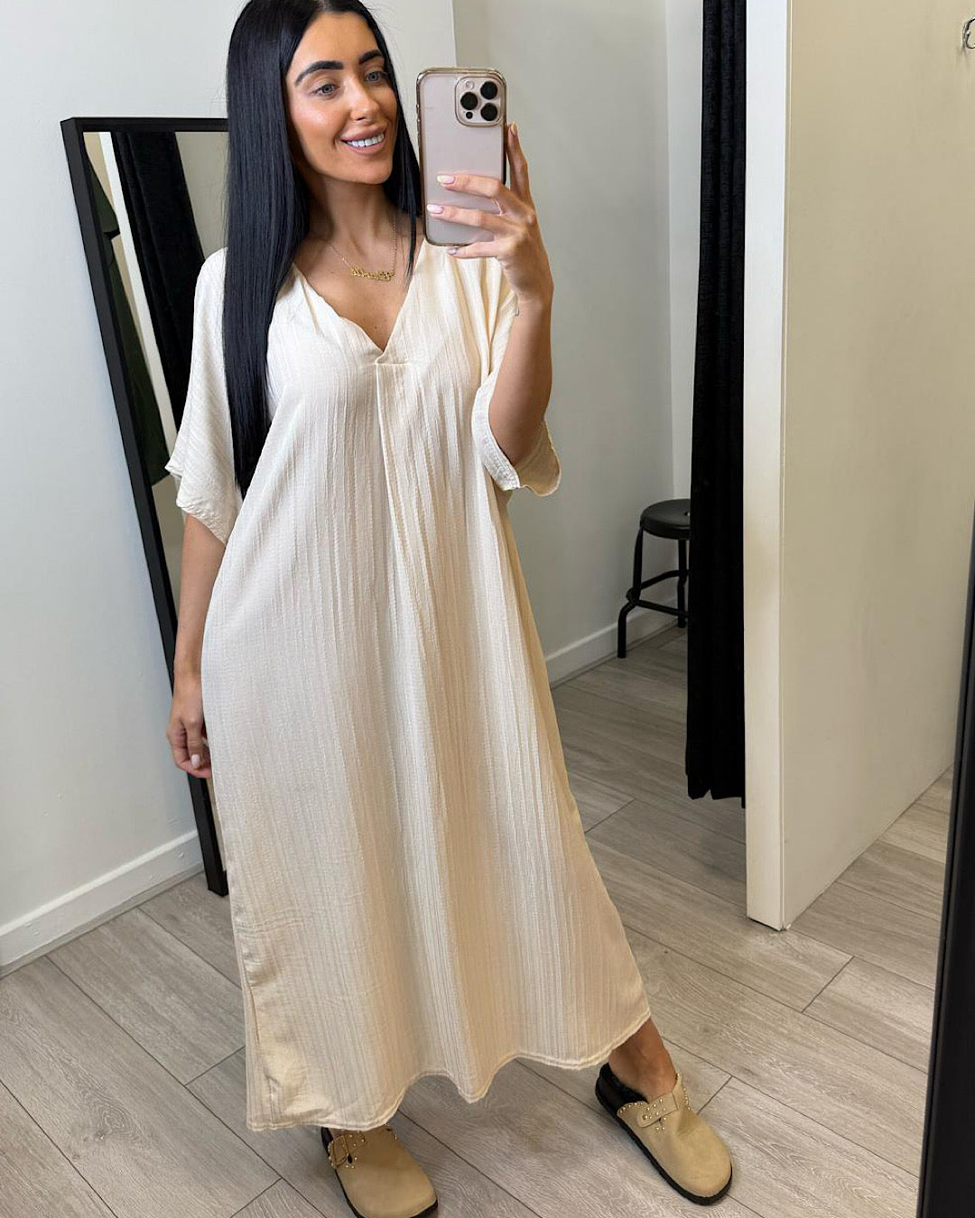 Beige Oversized V Neck Maxi Dress