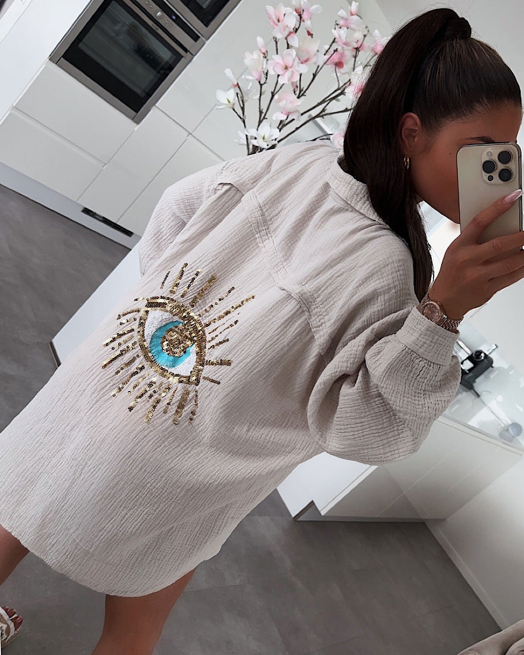 Beige Oversized Glitter Eye Shirt