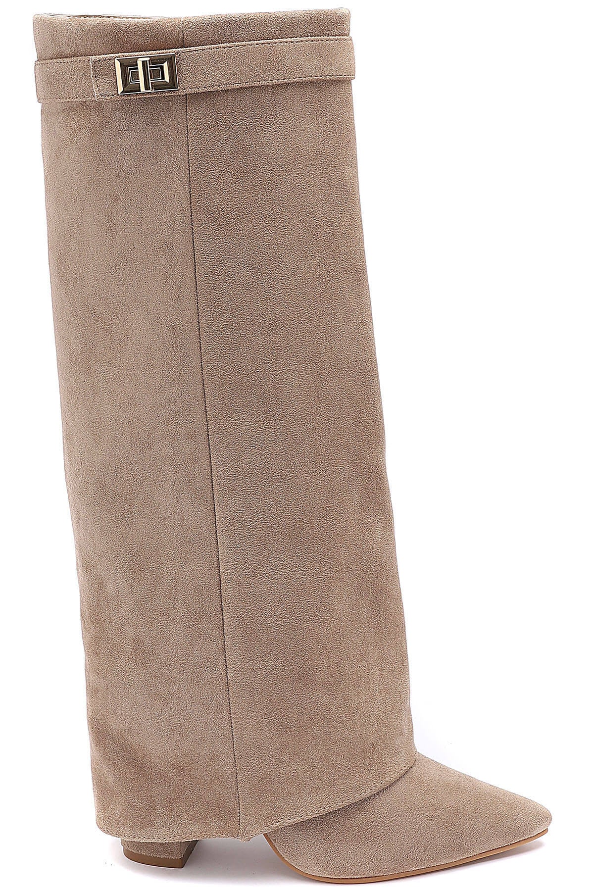 Beige Faux Suede Buckle Knee Boots