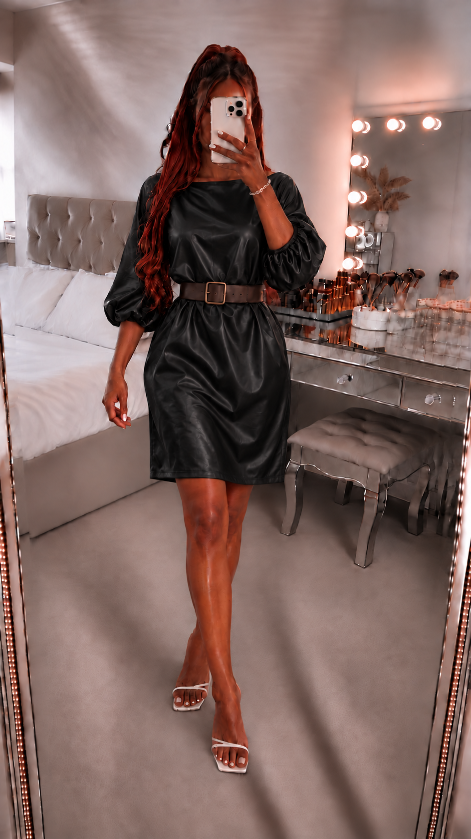 Black Faux Leather Belted Dress