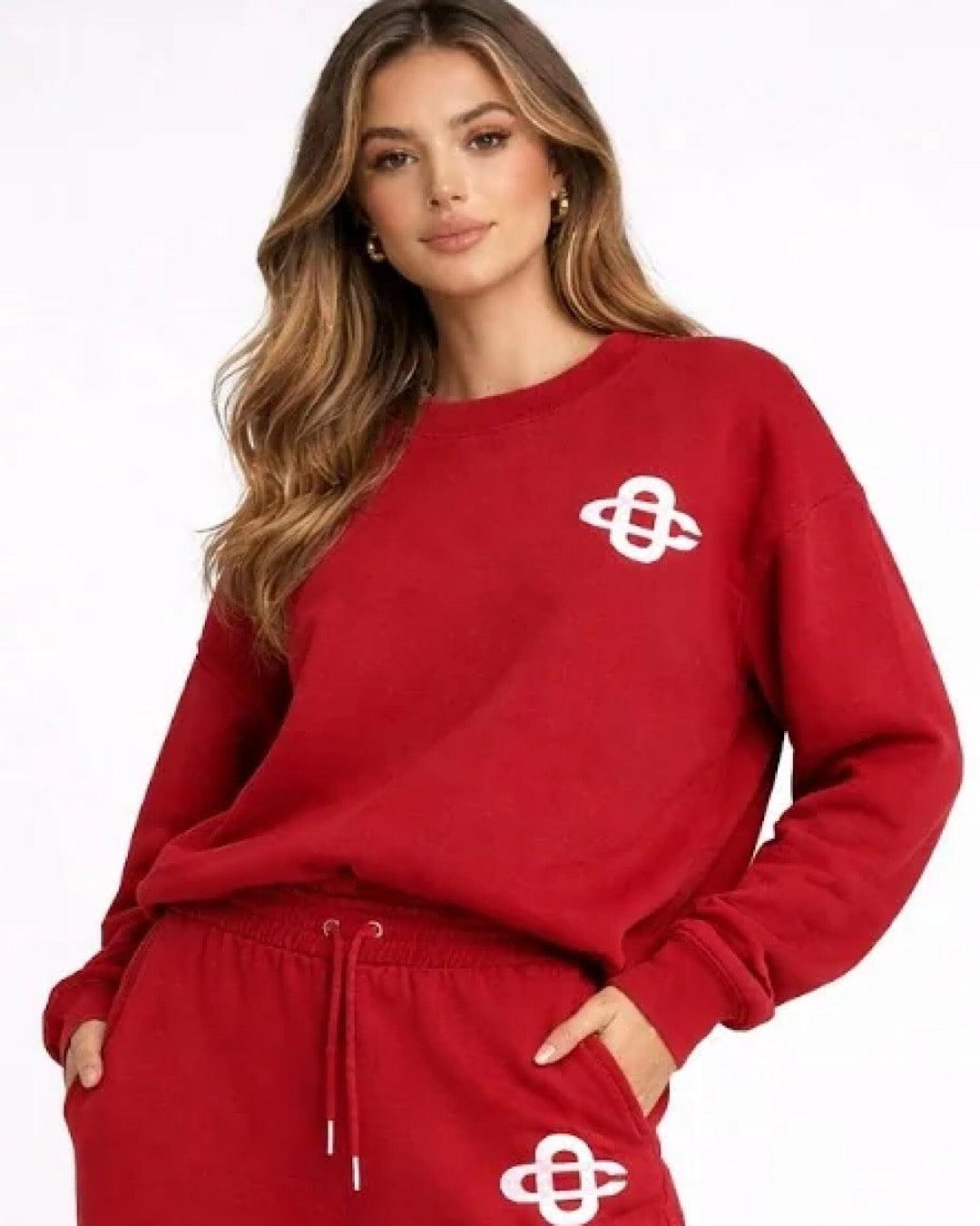 Red Contrast Motif Sweat and Joggers Set