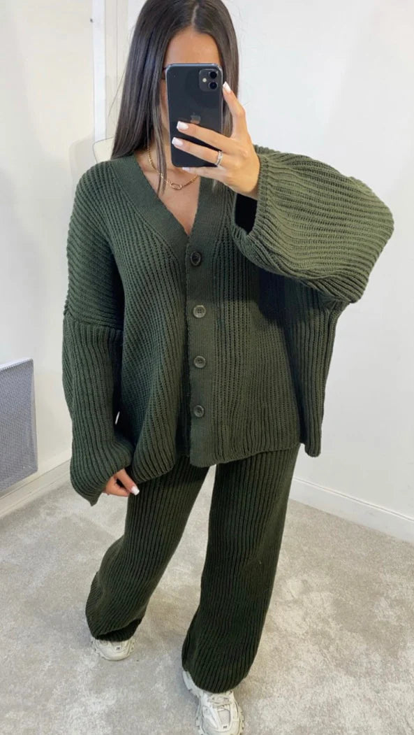 Khaki Knit Cardigan Suit