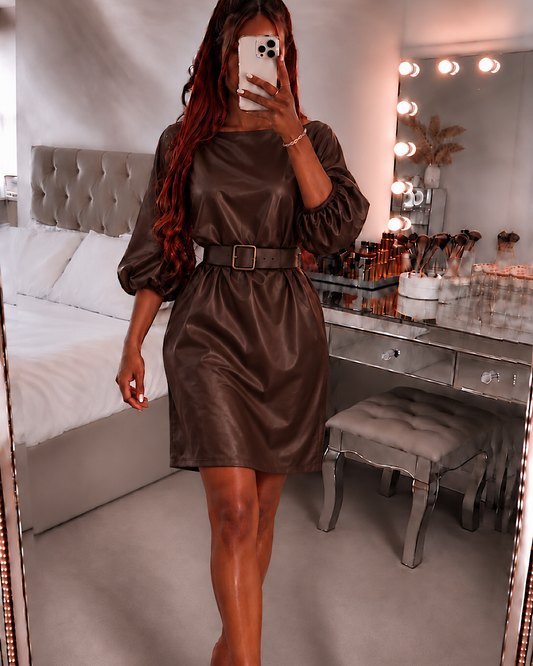 Brown Faux Leather Belted Dress