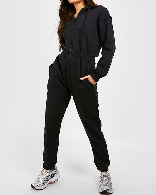 Black Hooded Zip Up Jumpsuit