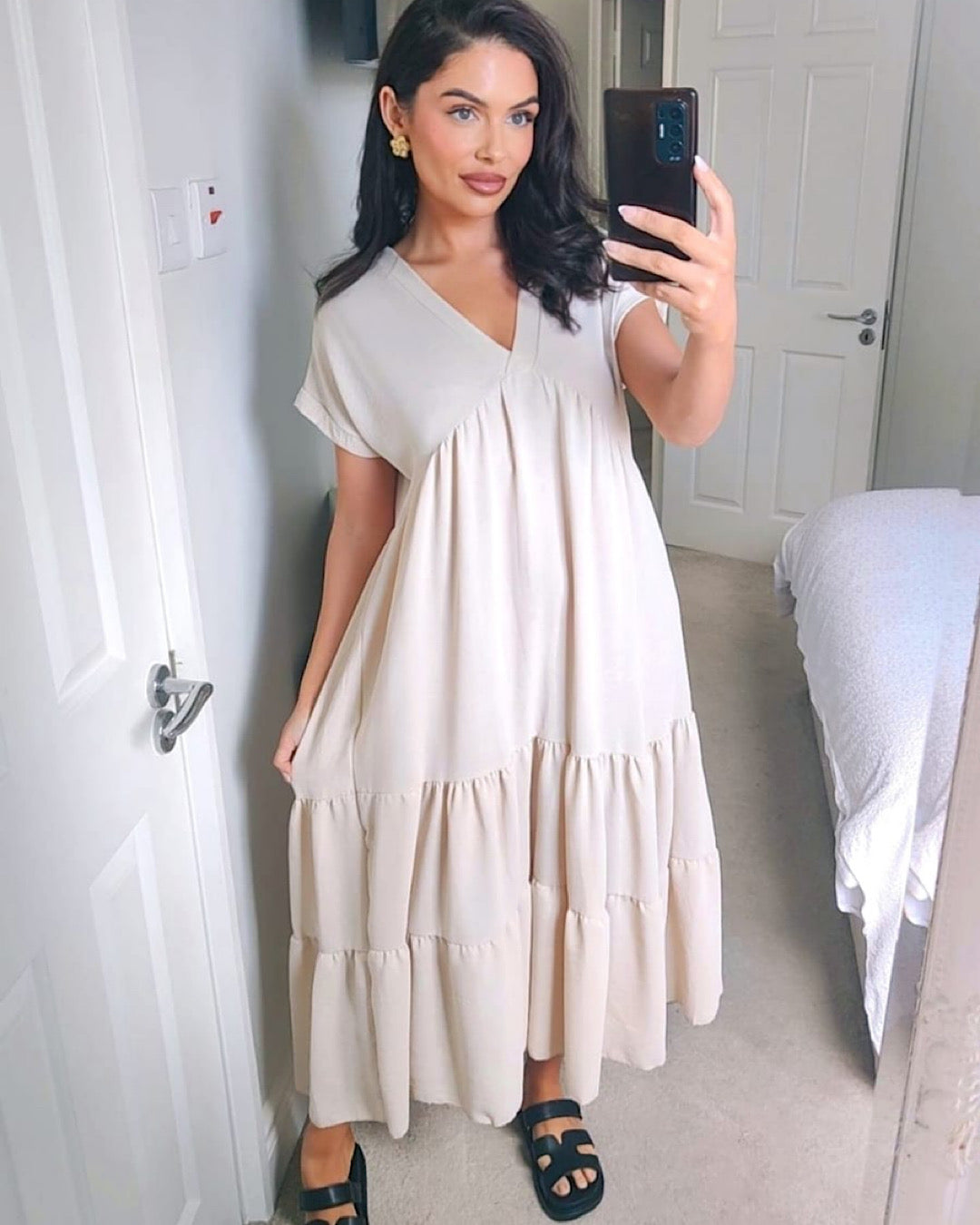 Beige Tiered V Neck Maxi Dress