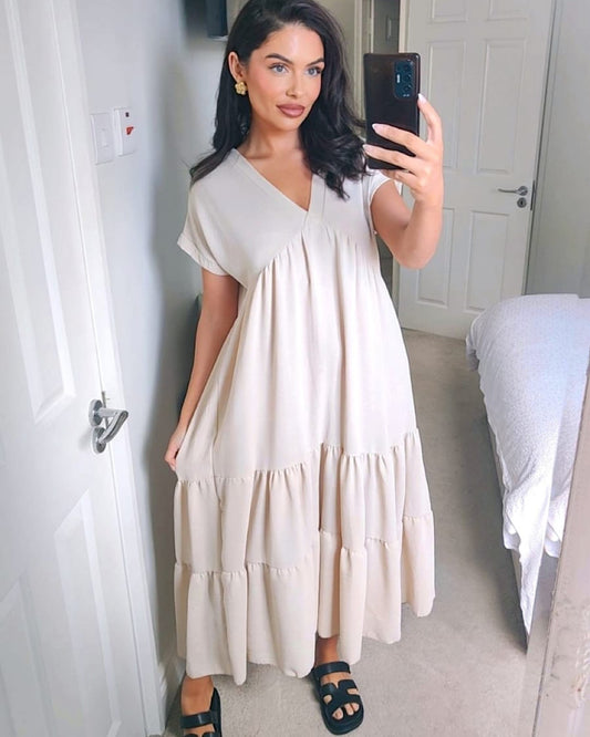 Beige Tiered V Neck Maxi Dress
