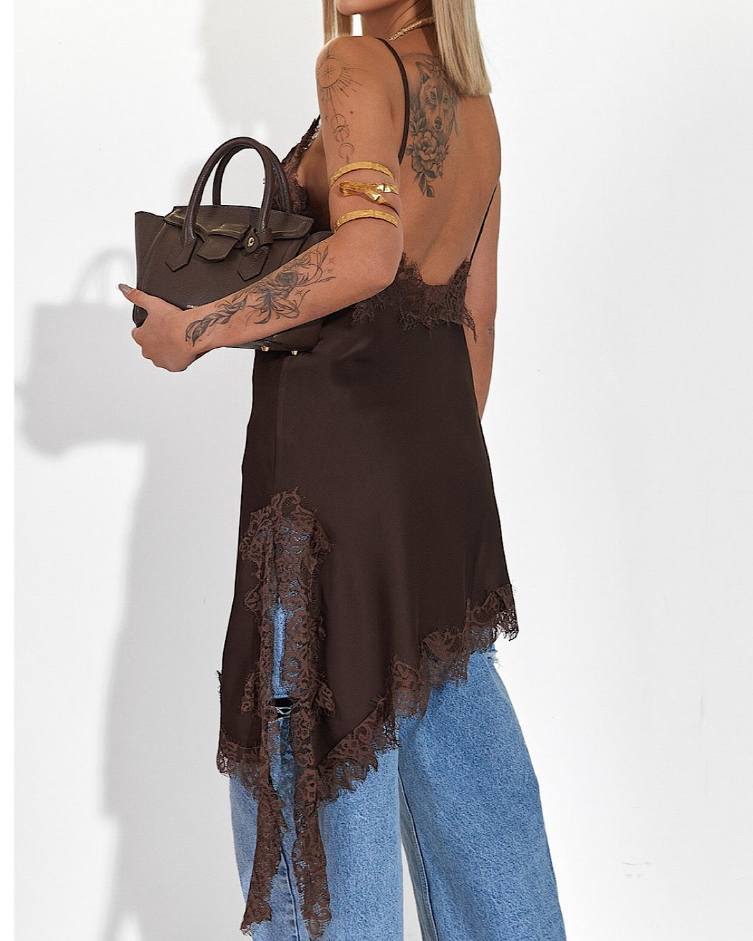 Chocolate Satin Dress with Lace Hem