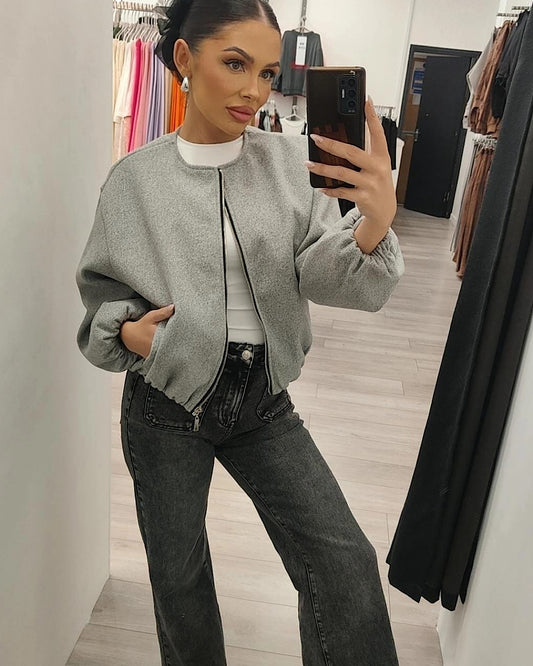Grey Balloon Sleeve Ruched Bomber Jacket