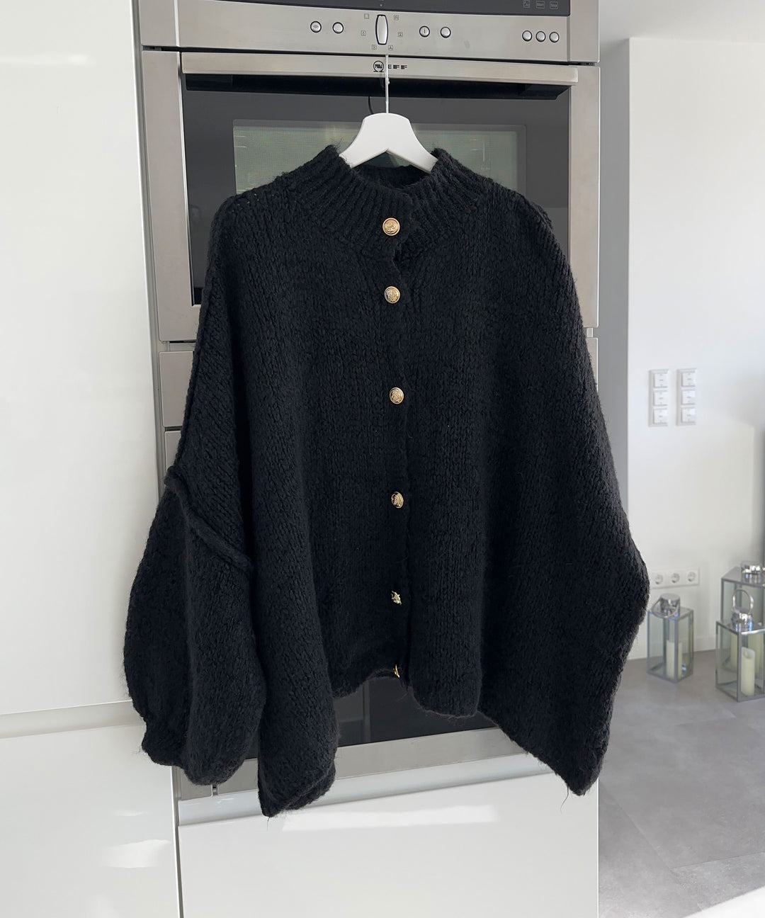 Black Oversized Cardigan with Gold Buttons
