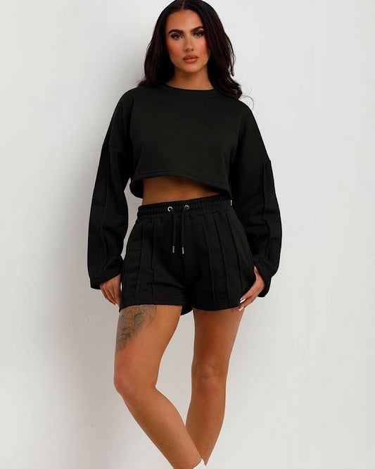 Black Cropped Sweat and Shorts Suit