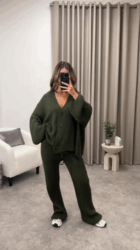 Khaki Knit Cardigan Suit
