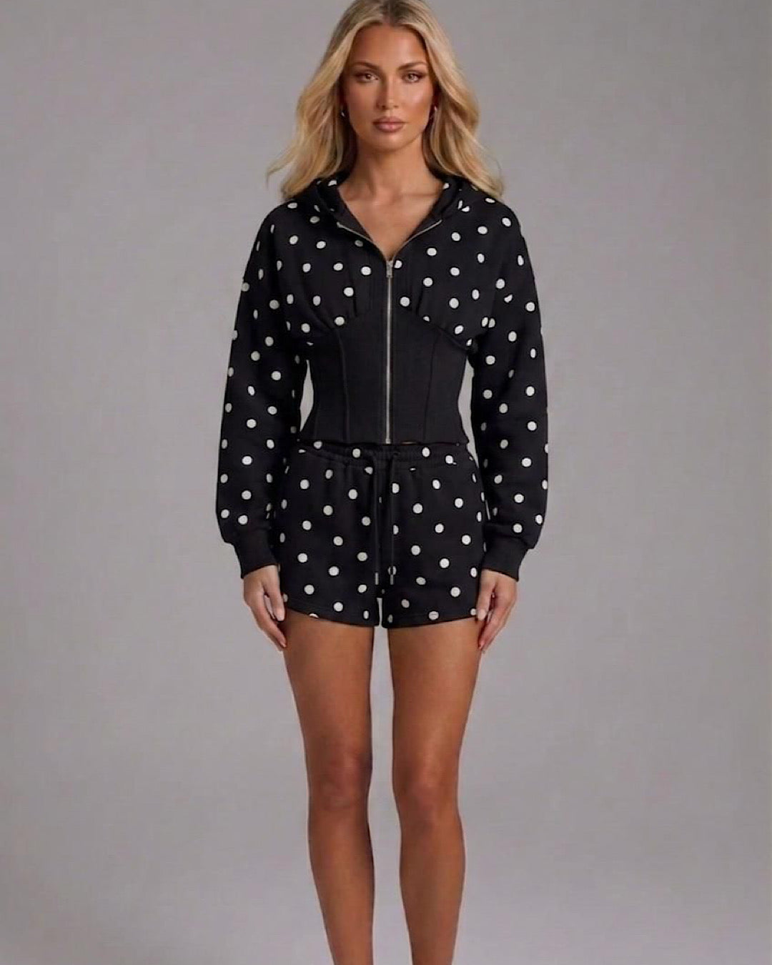 Black Polka Hooded Jacket & Shorts Set