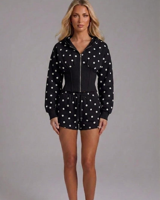 Black Polka Hooded Jacket & Shorts Set