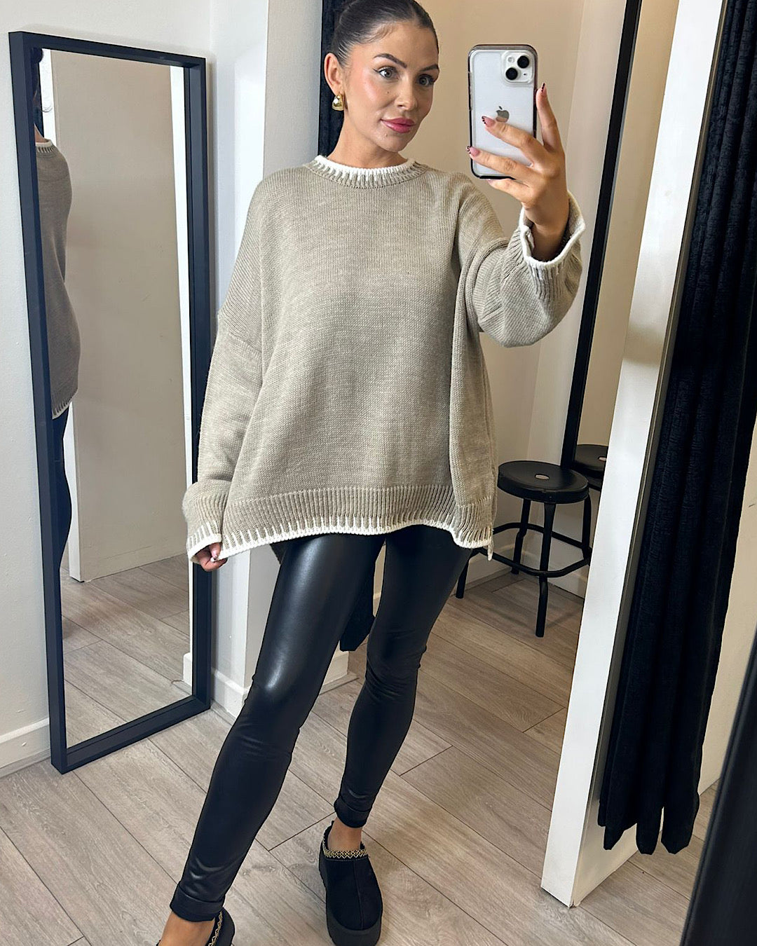 Taupe Knit Top with Cream Stitch