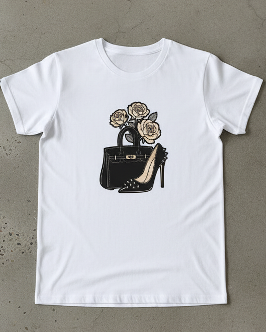 White Tee with Rose Print