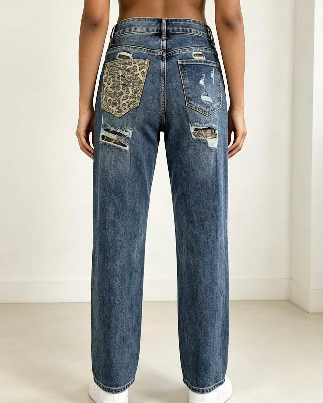 Straight Leg Leopard Diamond  Jeans