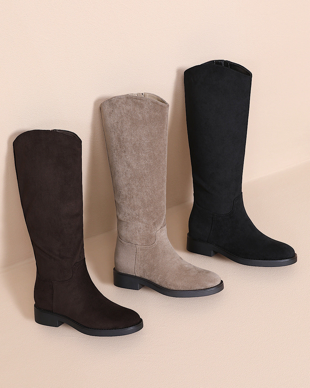 Beige Faux Suede Knee Boots