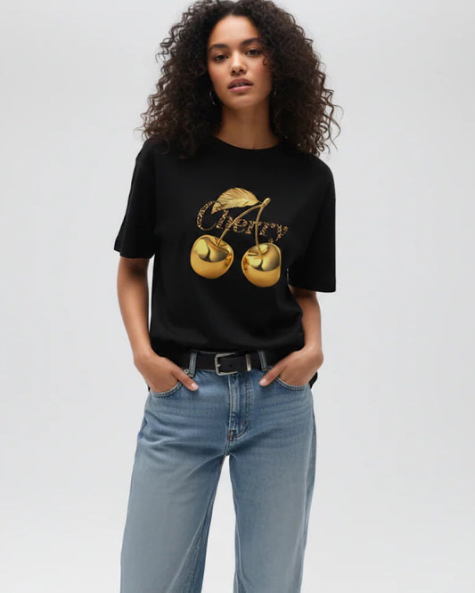 Black Tee with Gold Cherries