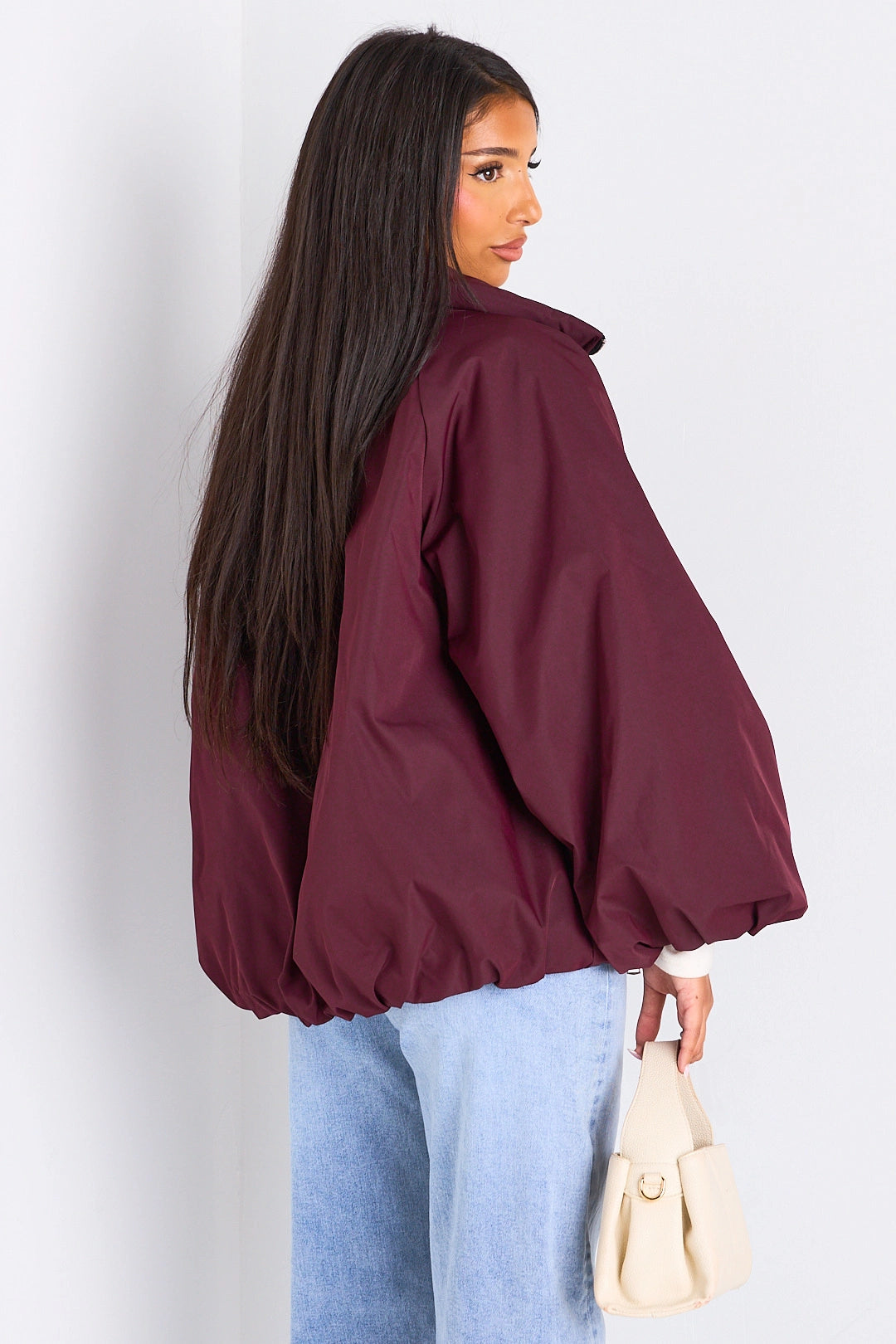 Wine High Neck Balloon Sleeve Jacket