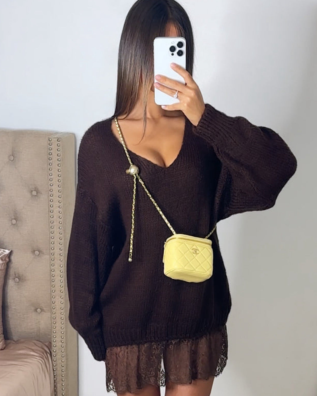 Brown Oversized Lace Knit Dress
