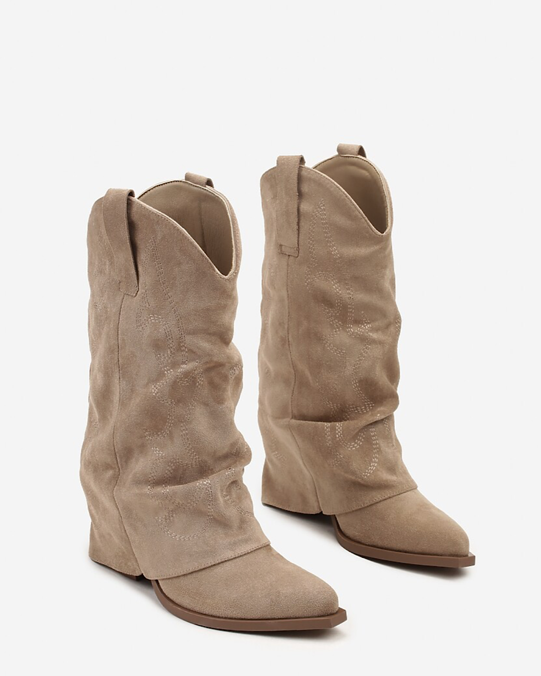 Beige Faux Suede Fold Over Cowboy Boots
