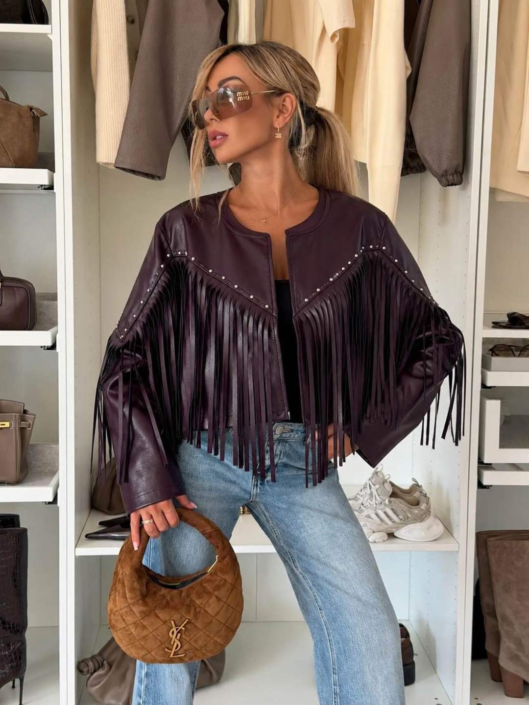 Wine Faux Leather Fringe Jacket