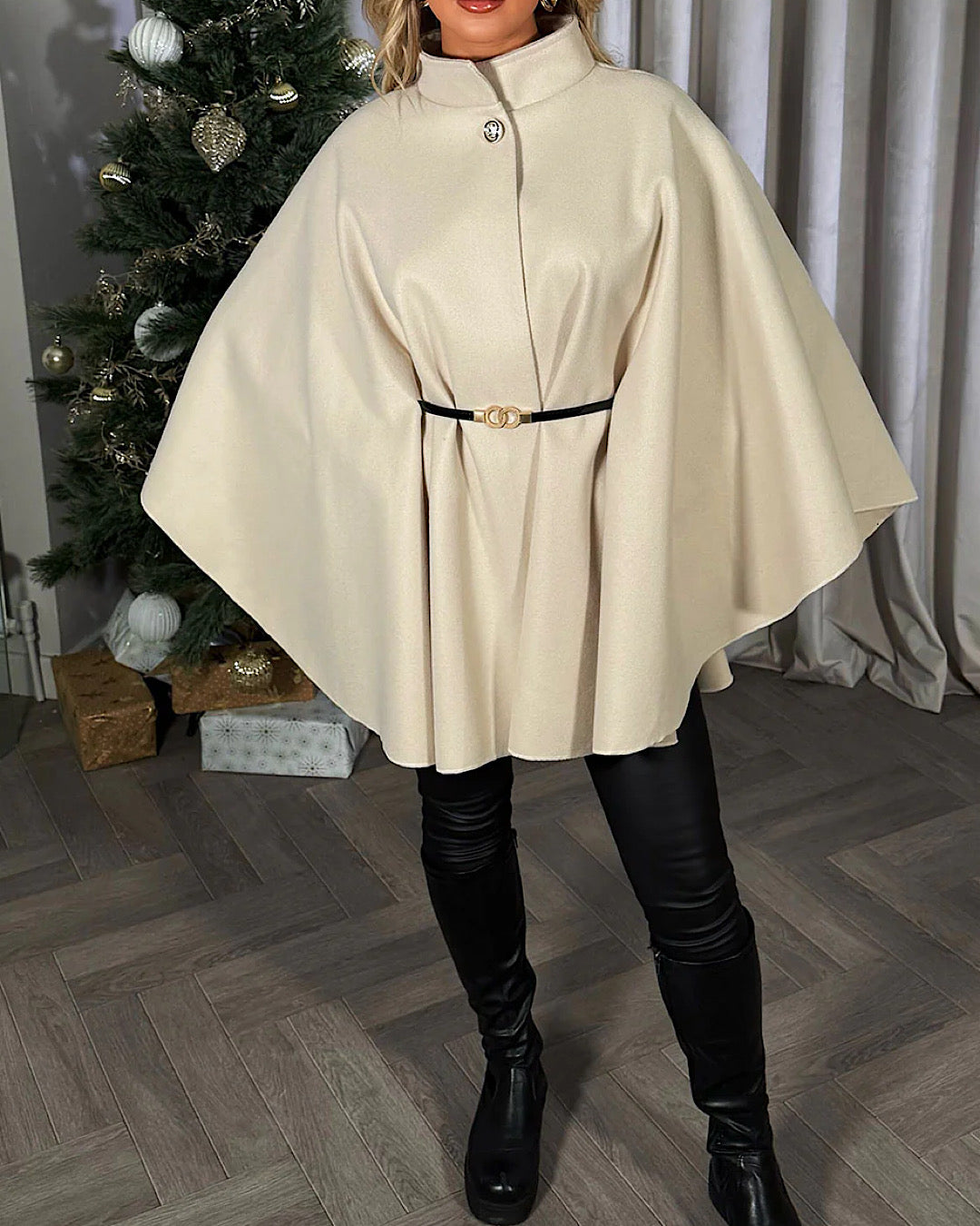 Beige Belted Cape Poncho