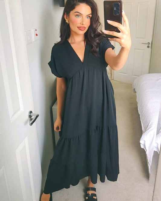 Black Tiered V Neck Maxi Dress