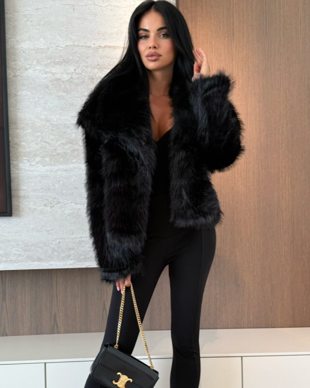 Black Faux Fur Coat with Oversized Collar