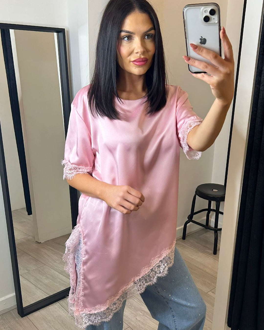 Pink Satin Top with Lace Hem