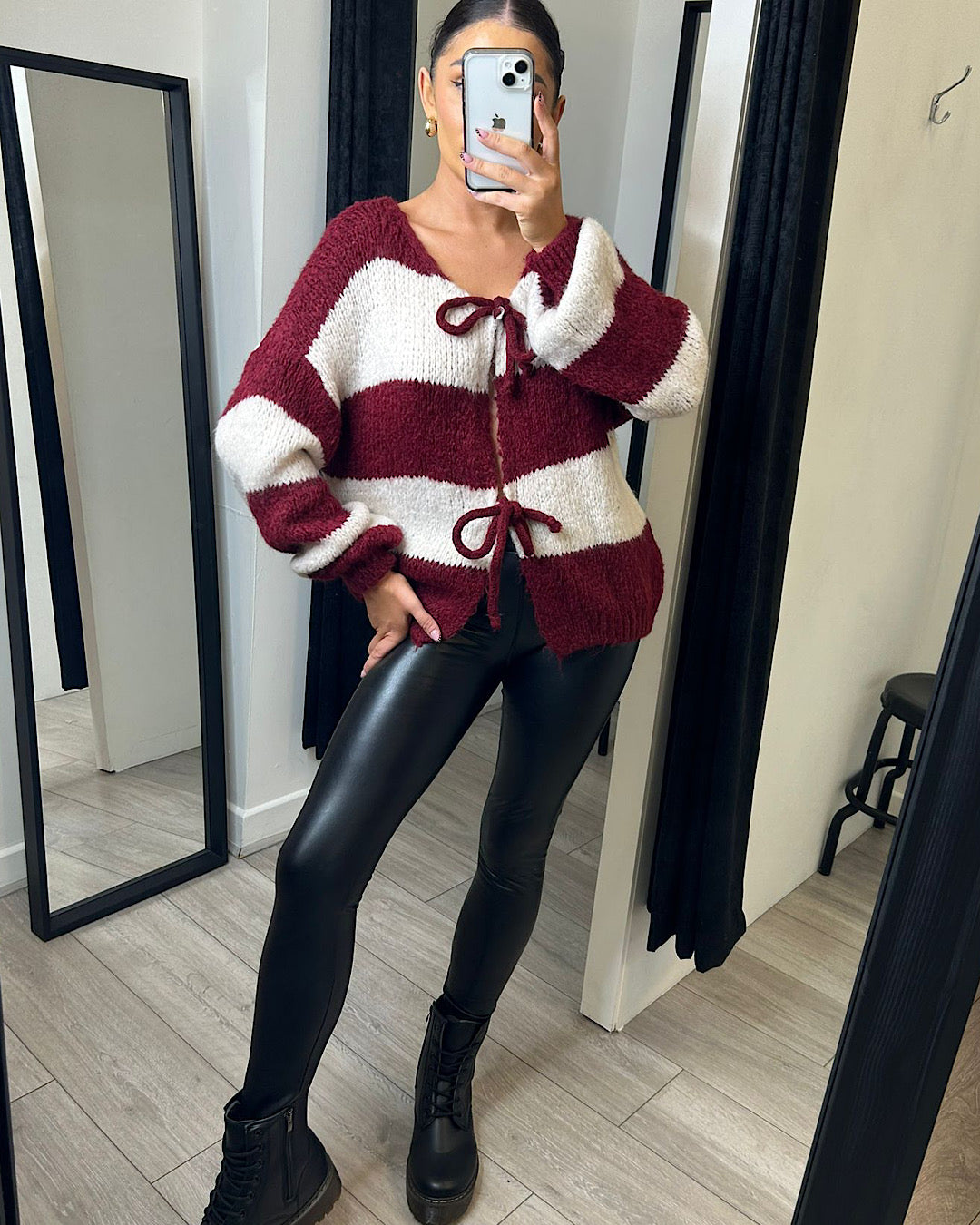 Wine and Cream Lace Front Knit Cardigan