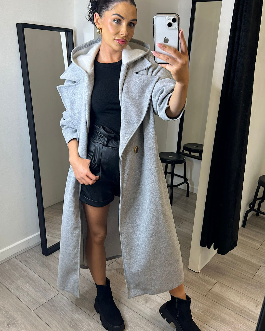Grey Hooded Wool Coat