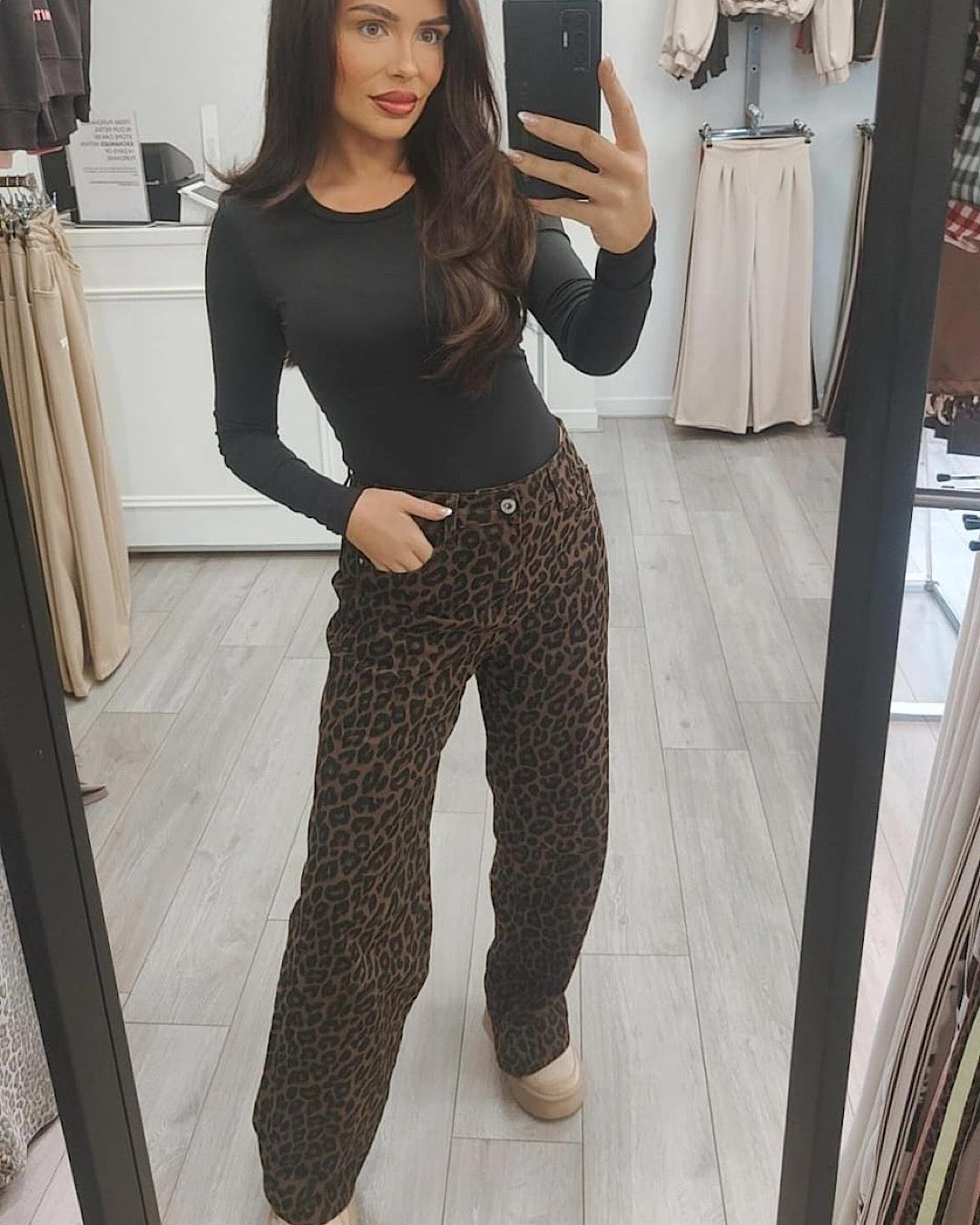 Wide Leg Leopard Print Jeans