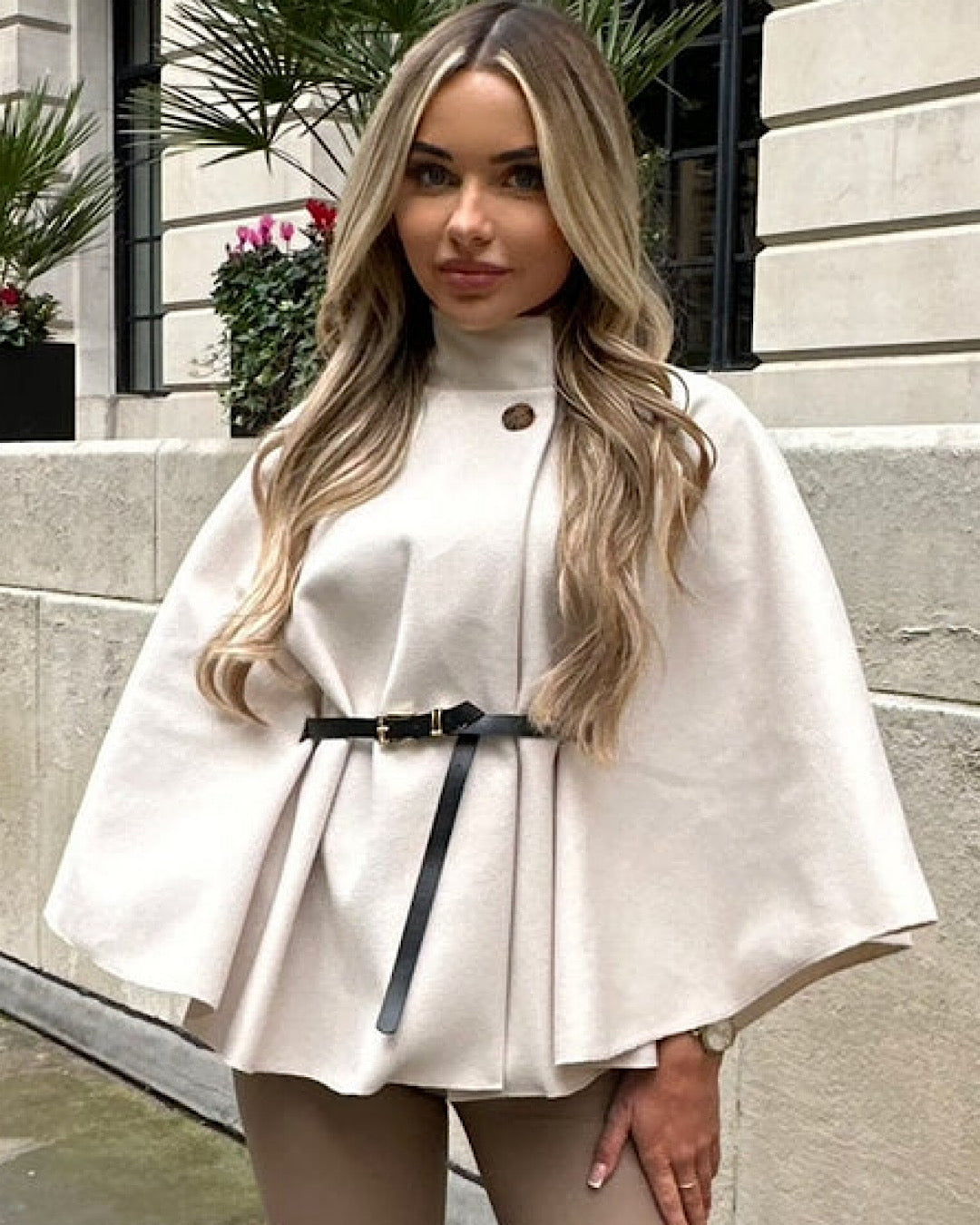 Beige Belted Cape Poncho