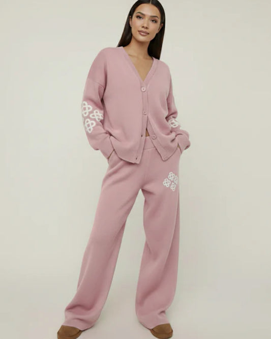 Pink Knit Cardigan and Trouser Suit