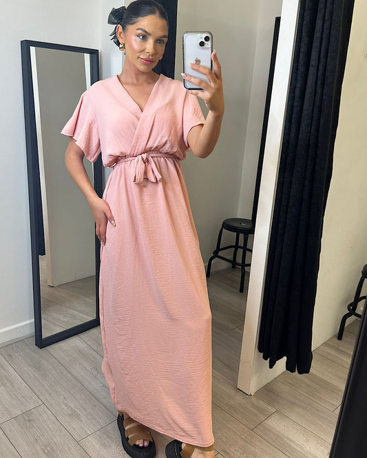 Pink Belted Wrap Maxi Dress