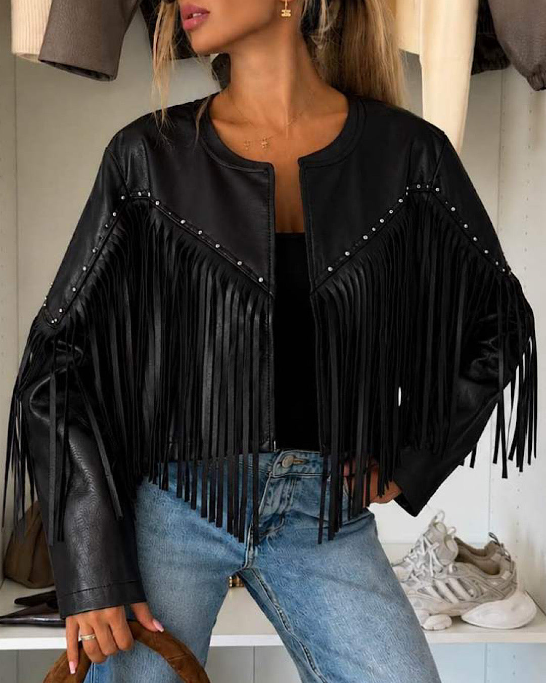 Black Faux Leather Fringe Jacket
