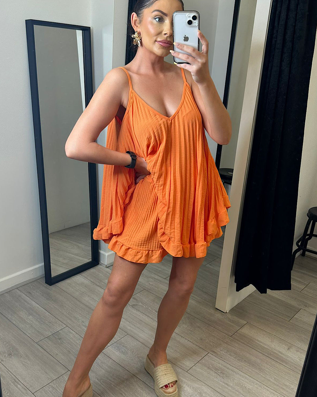 Orange Pleated Top and Shorts Co Ord Suit