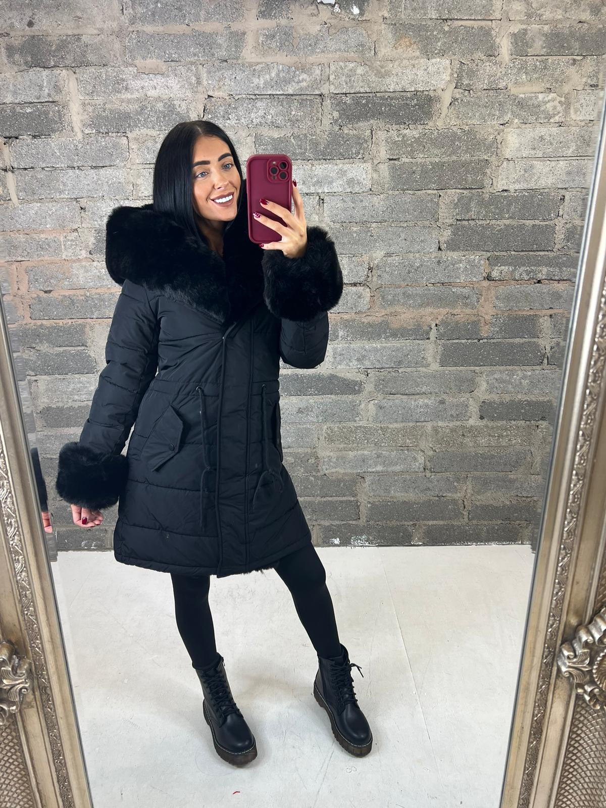 Black Hooded Faux Fur Puffer Coat