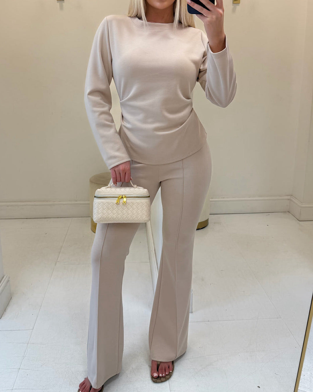Beige Ruched Top & Trousers Set