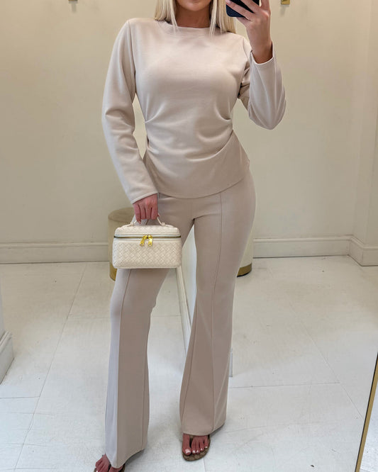 Beige Ruched Top & Trousers Set