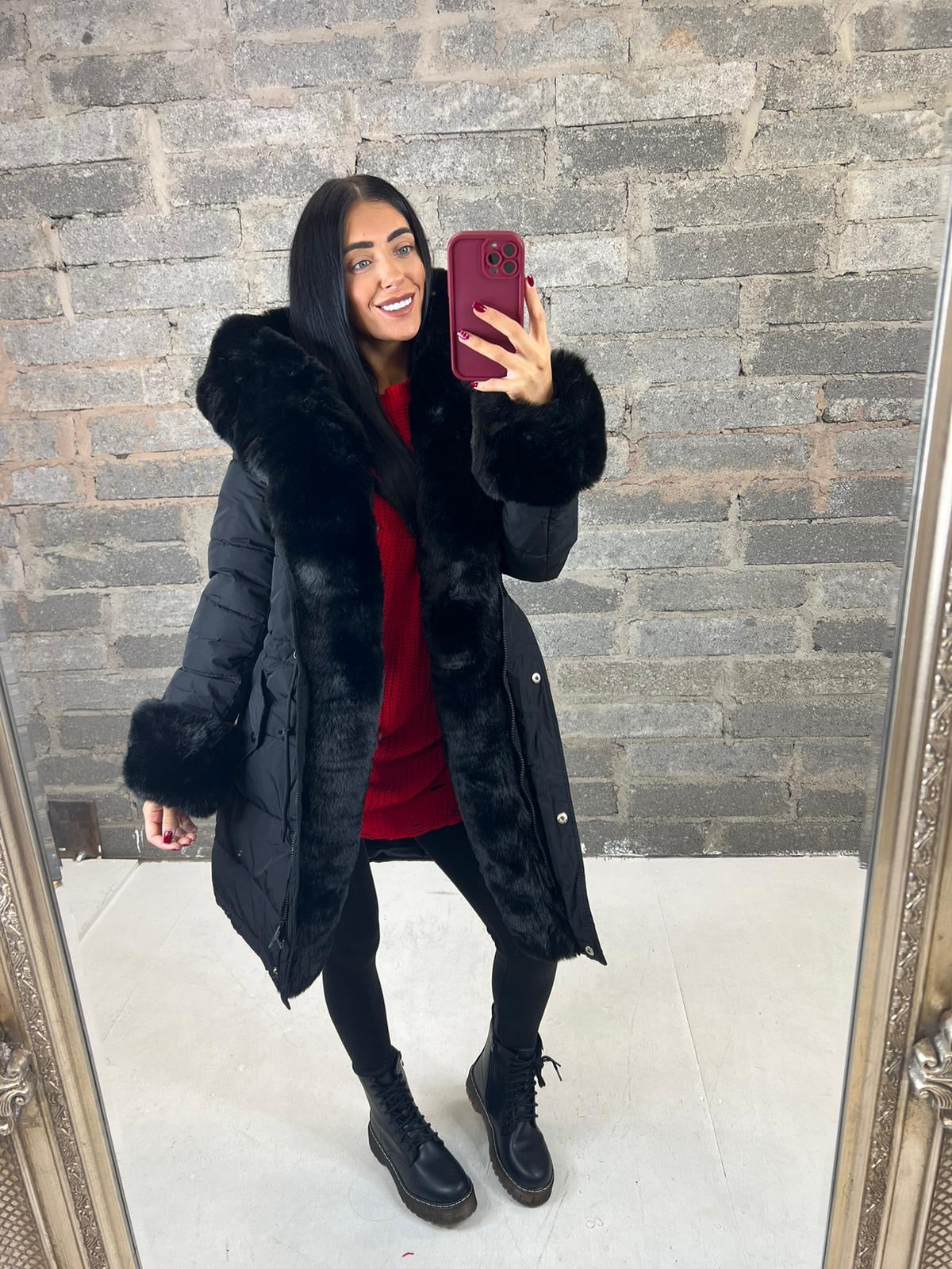 Black Hooded Faux Fur Puffer Coat