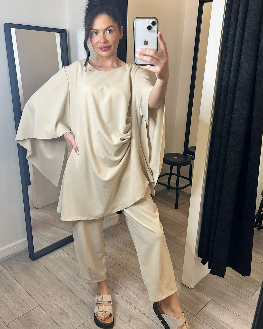 Beige Drape Top and Trousers Set