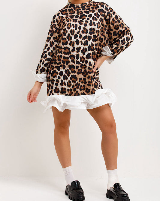 White Frill Hem Leopard Print Sweatshirt Dress