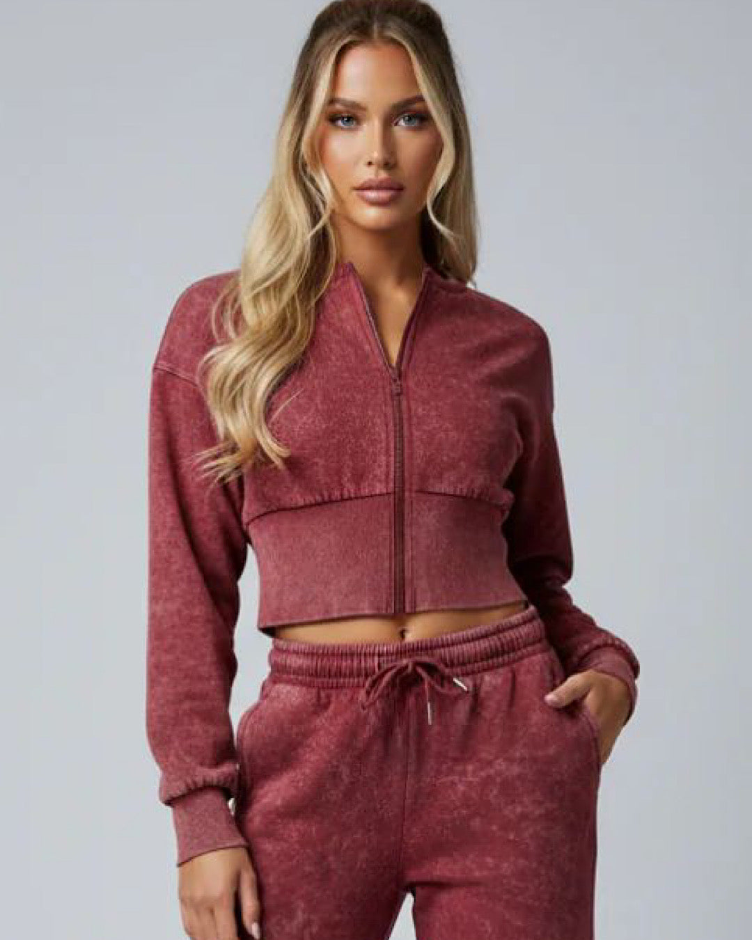 Burgundy Acid Wash Cinch Waist Suit