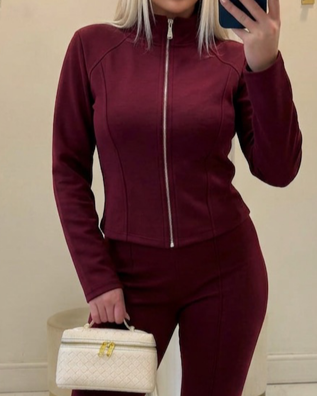 Wine Panelled Zip Jacket & Trousers Set